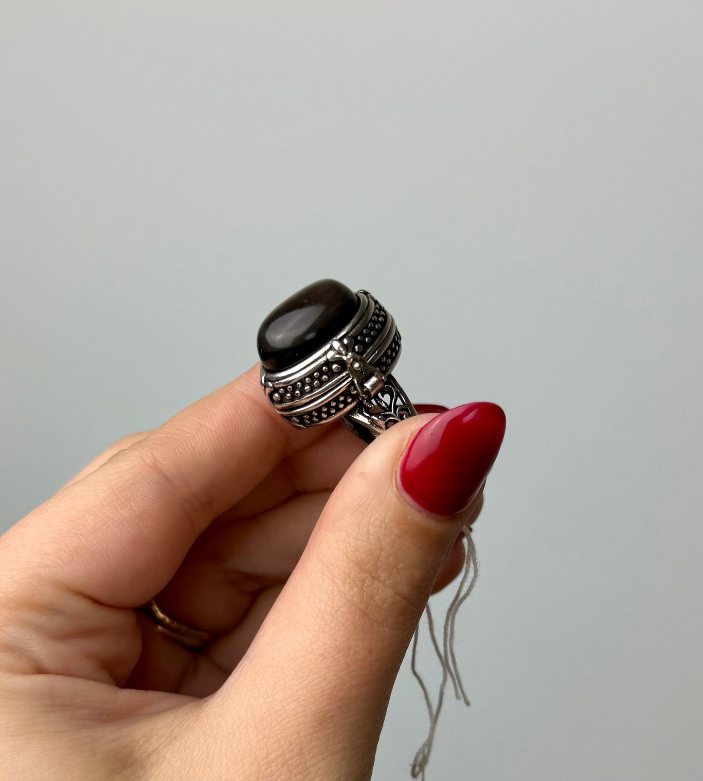 Silver Sheen Obsidian adjustable locket ring