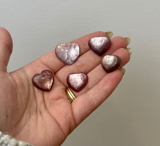 Gem lepidolite/purple mica heart carvings