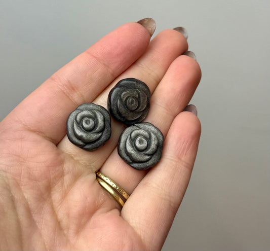 Silver sheen obsidian flower carvings