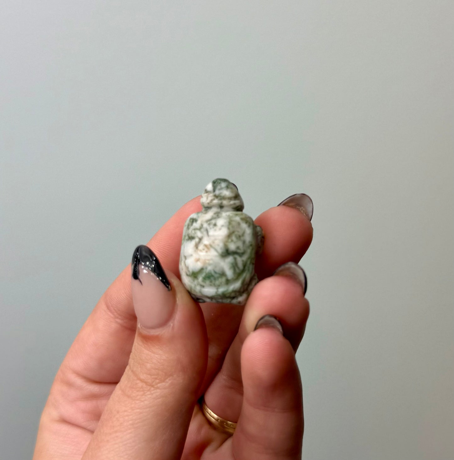 Moss agate turtle carving