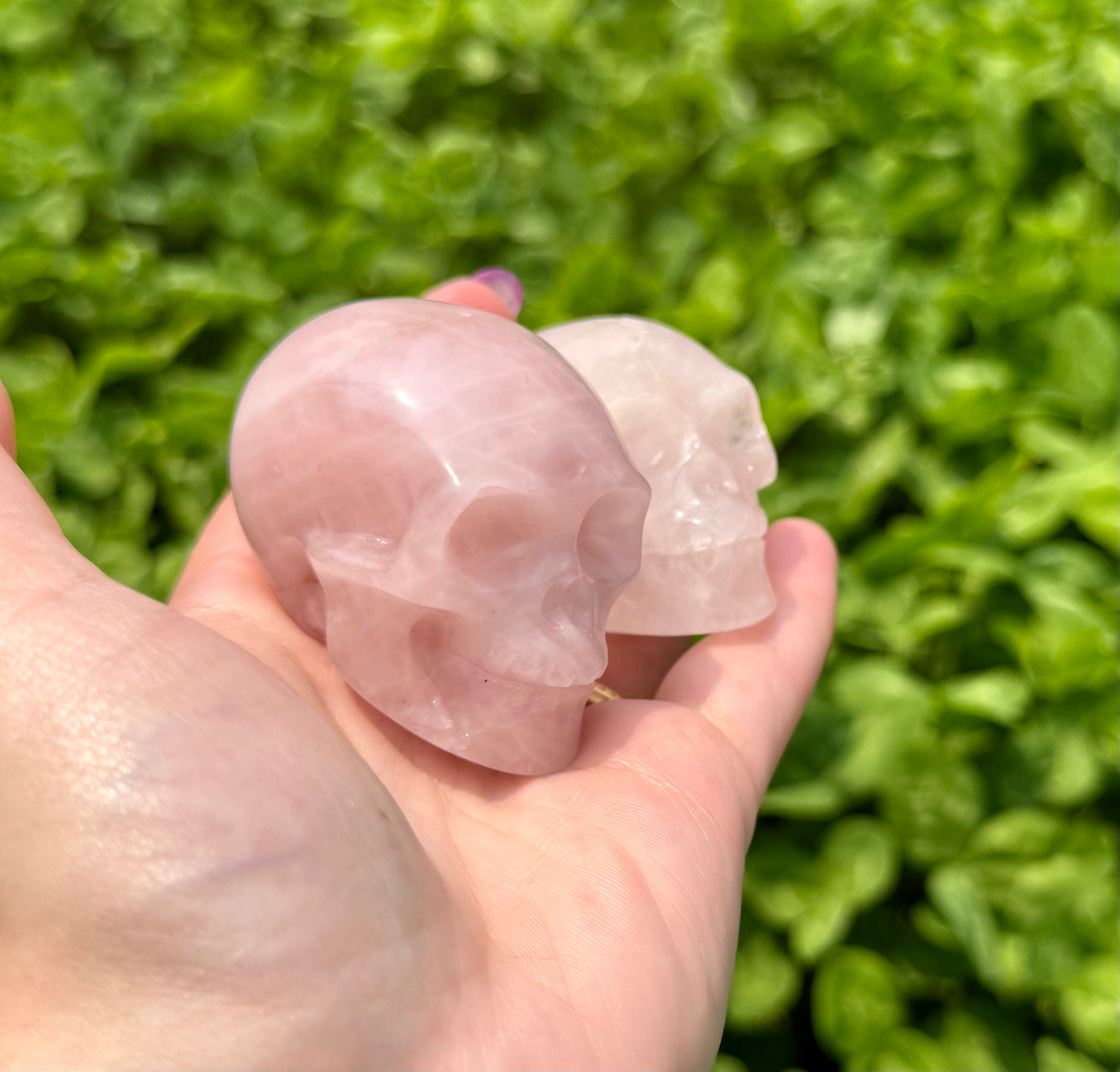 Rose quartz skull carvings