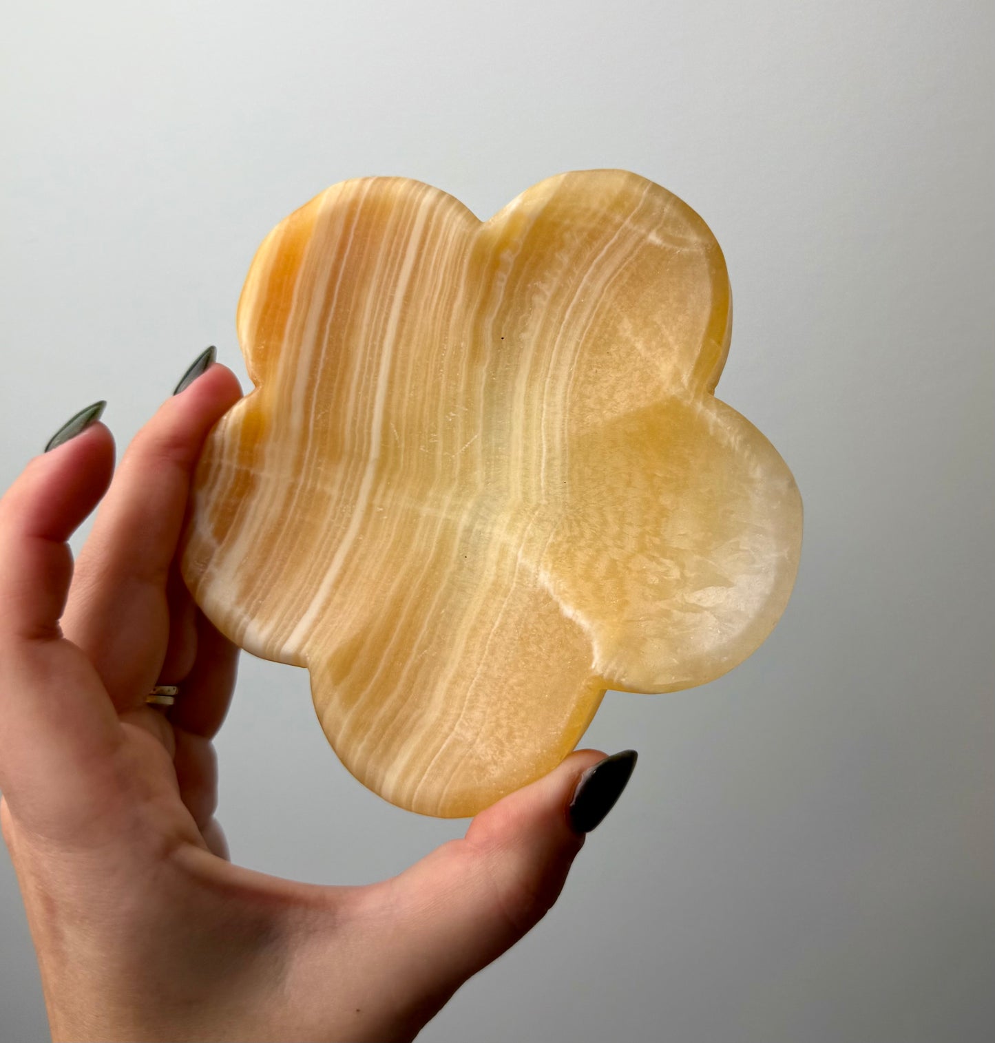 Orange calcite flower dish