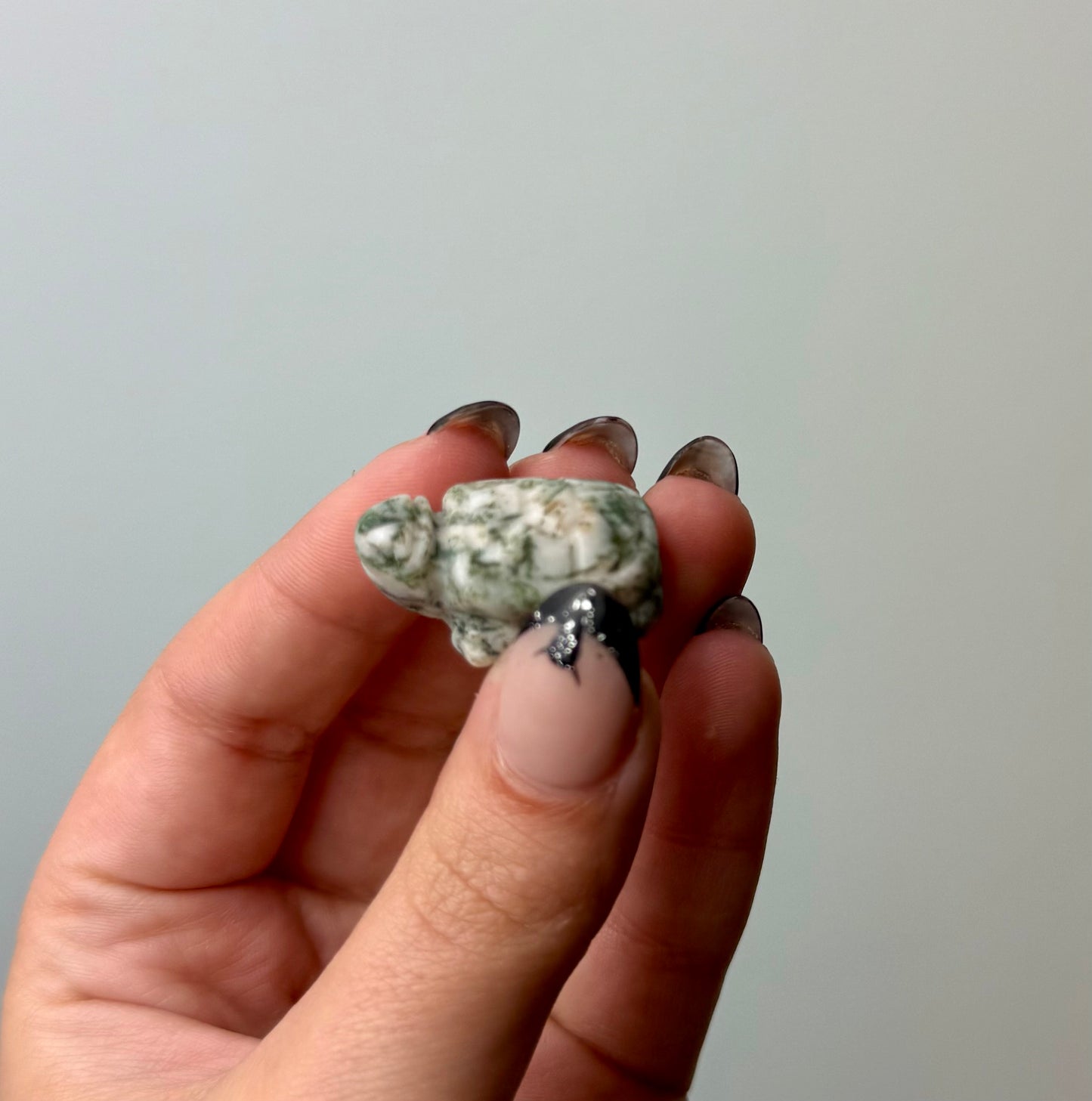 Moss agate turtle carving