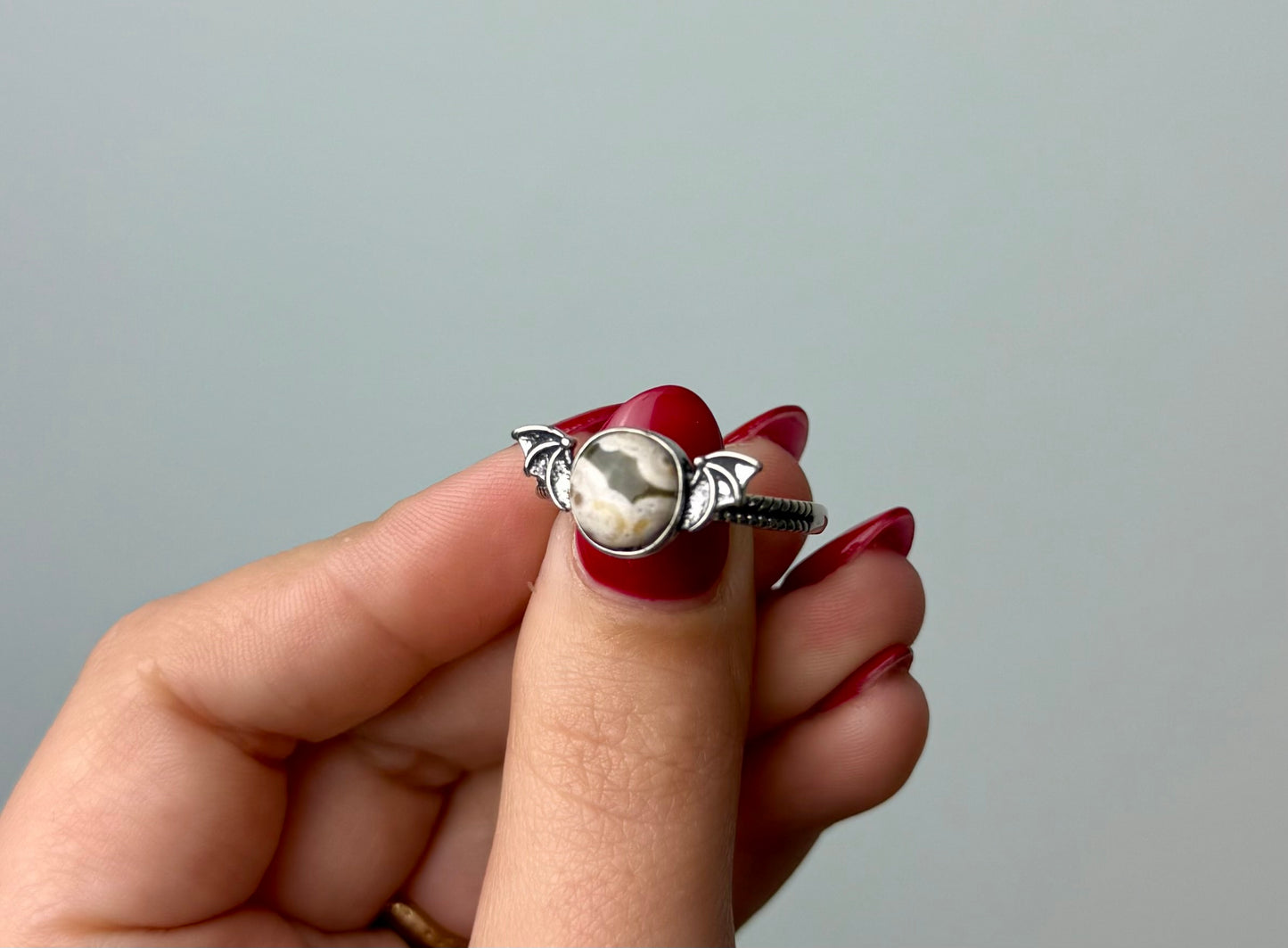 Ocean jasper bat adjustable ring