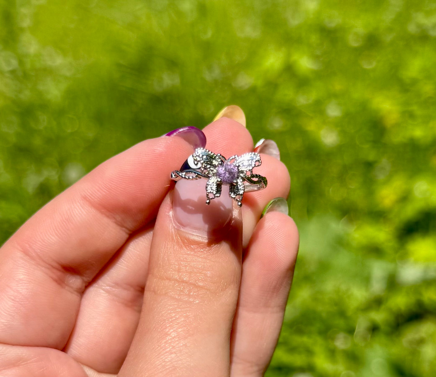 Amethyst butterfly adjustable ring