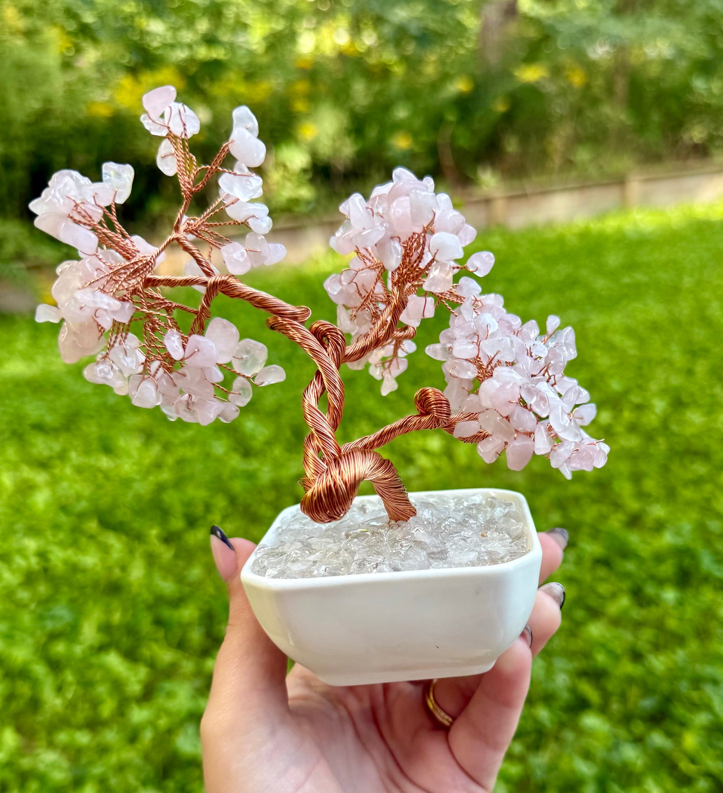 Rose quartz crystal tree