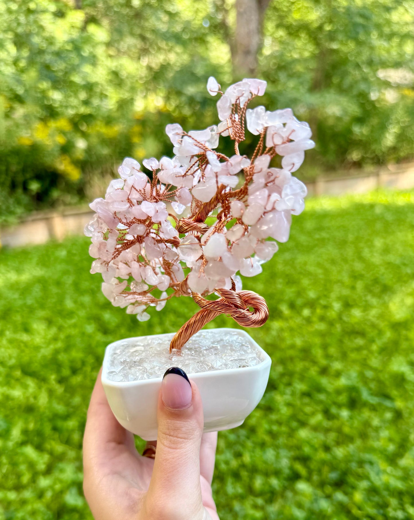Rose quartz crystal tree