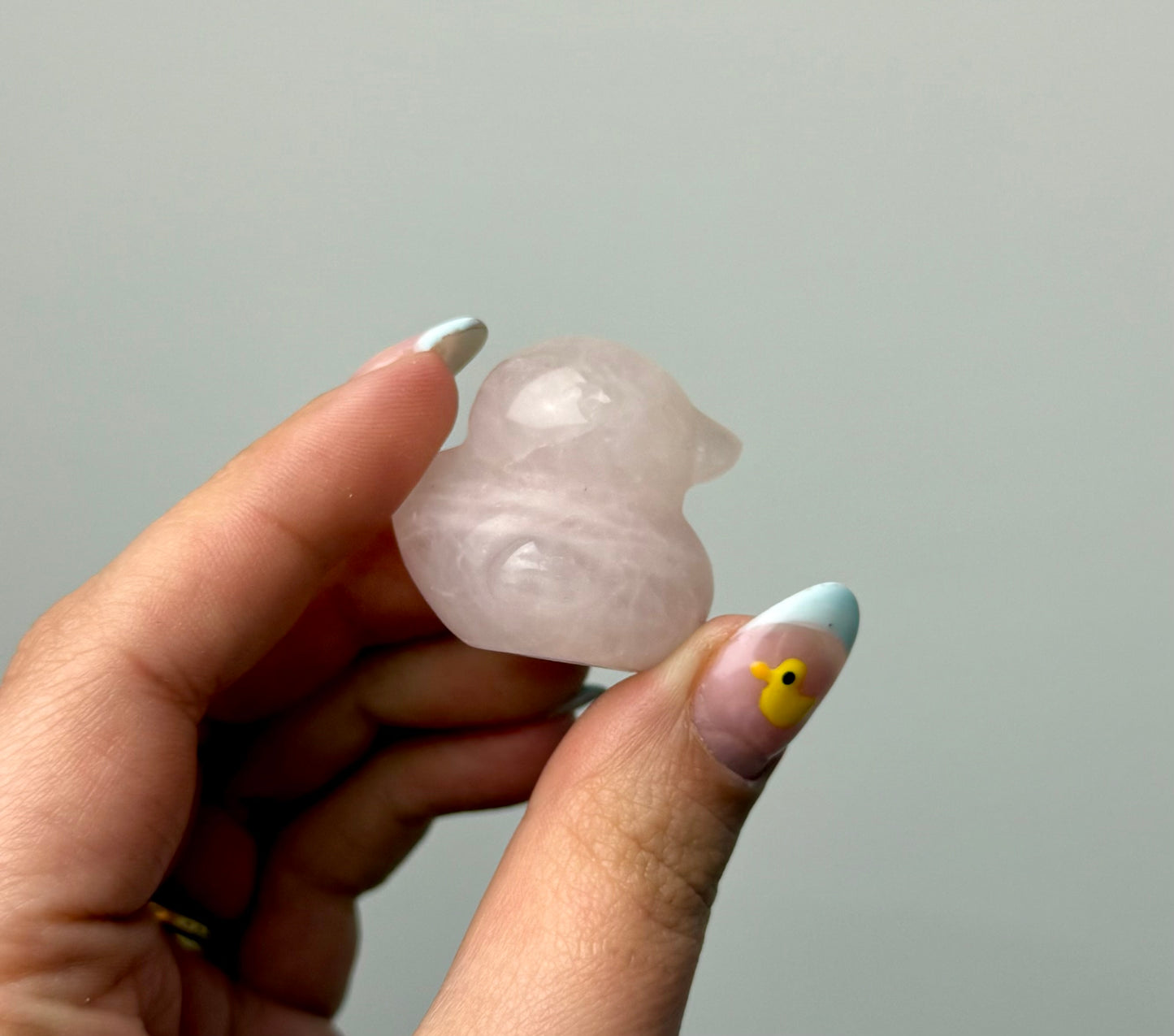 Rose quartz duck carvings