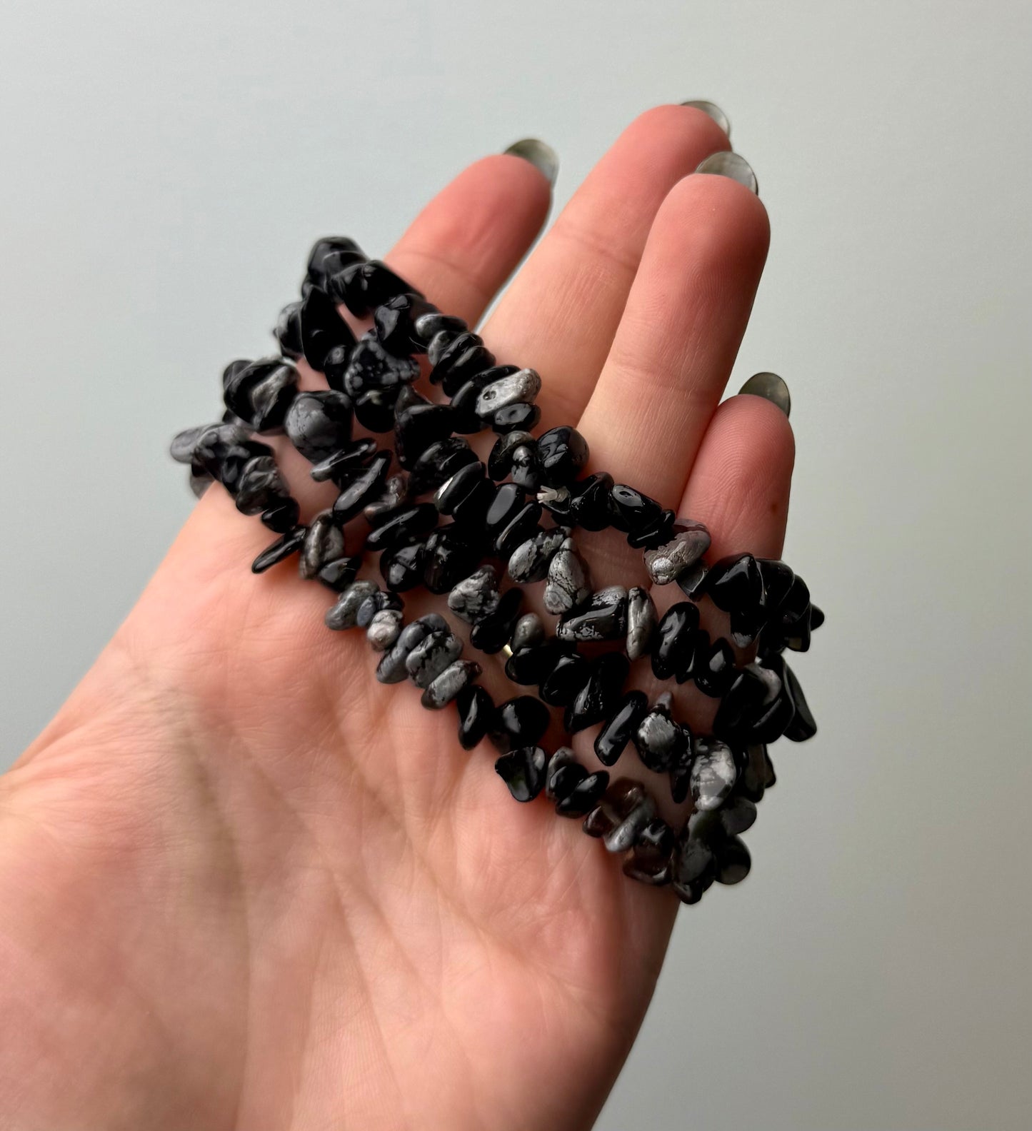 Snowflake obsidian chip bracelets