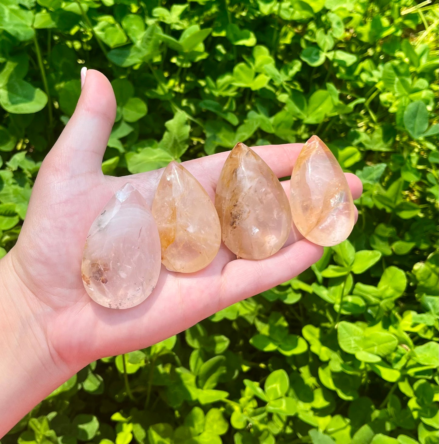 Golden healer rose quartz teardrop carvings