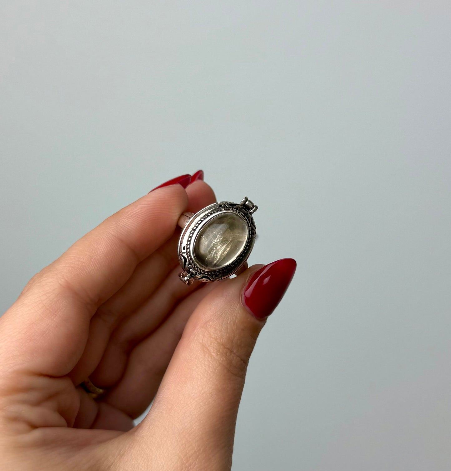 Clear quartz locket adjustable ring
