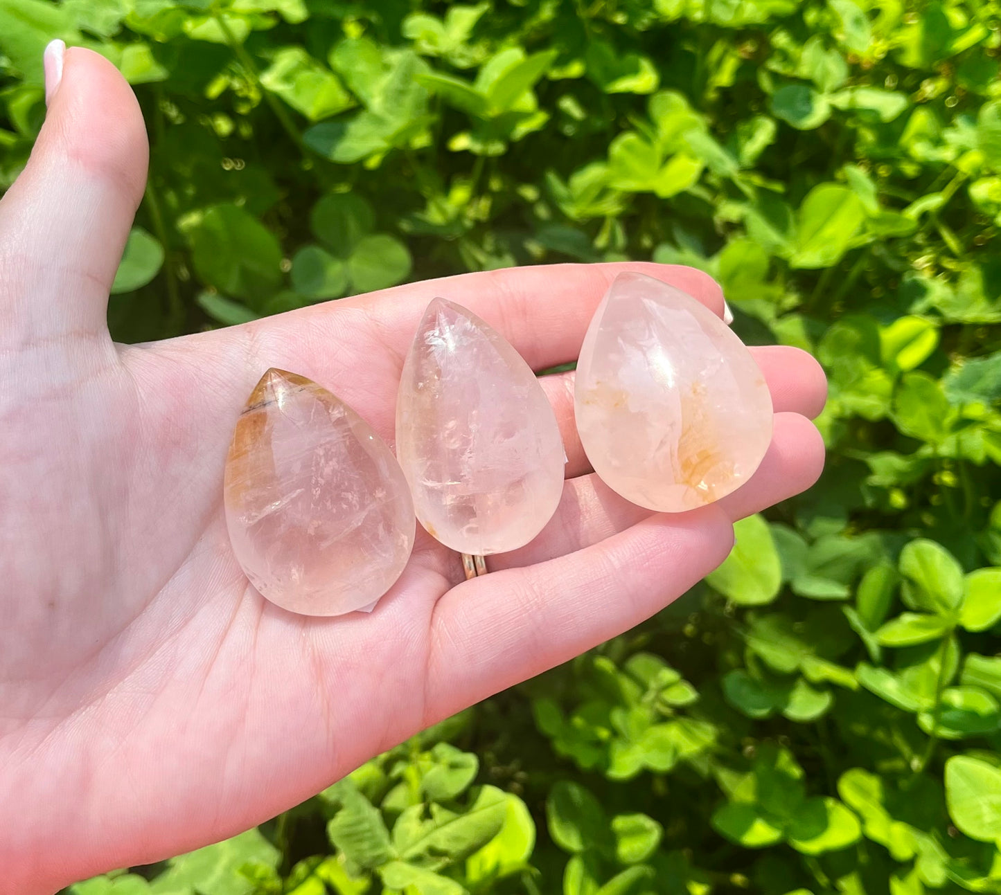 Golden healer rose quartz teardrop carvings