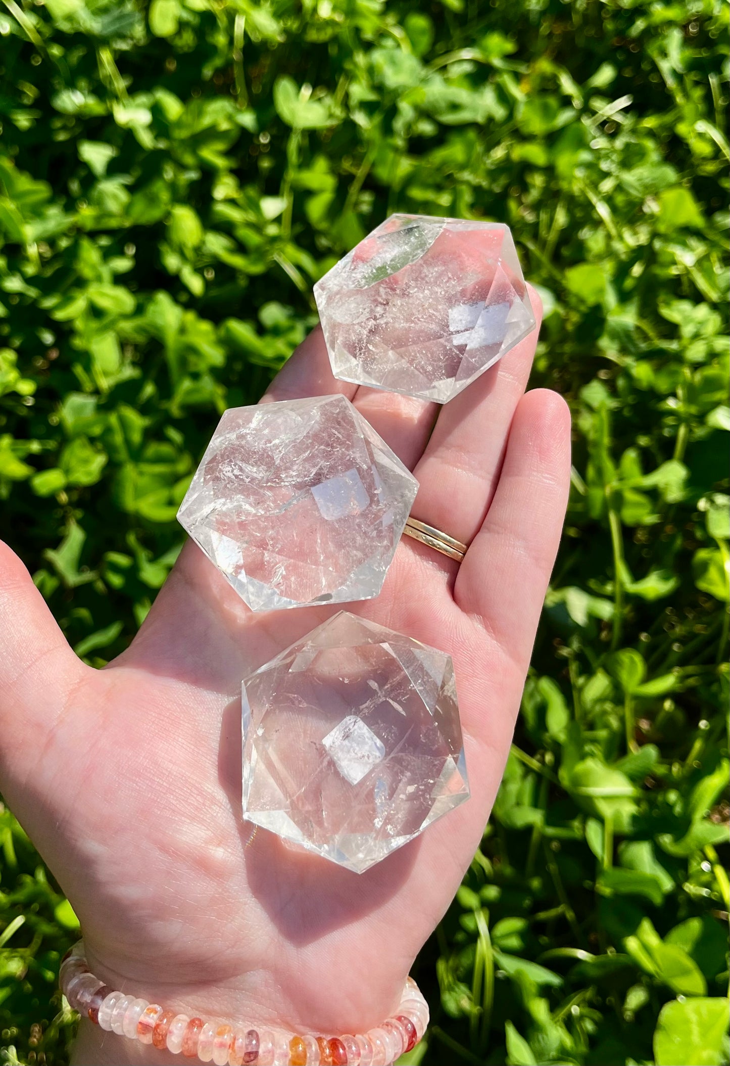 Clear quartz hexagon carvings