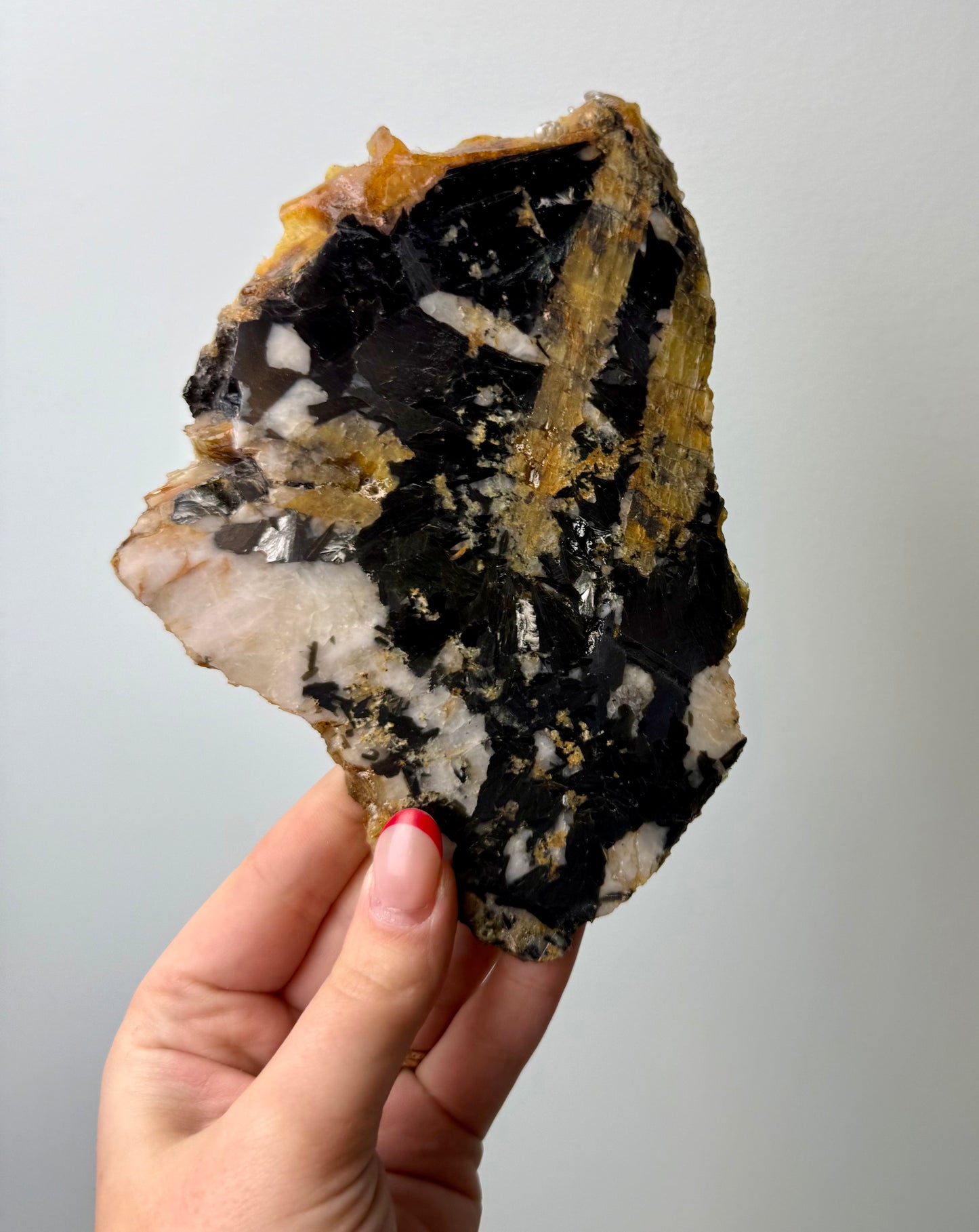 Black yellow tourmaline with mica slab