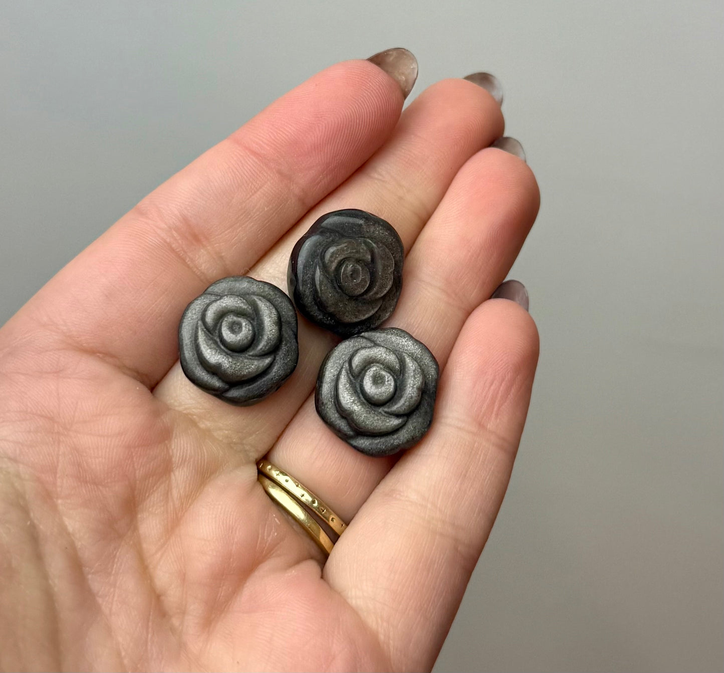 Silver sheen obsidian flower carvings