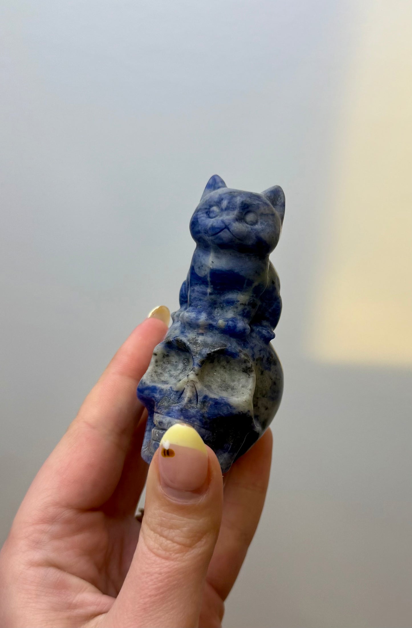 Lapis lazuli cat on skull carving