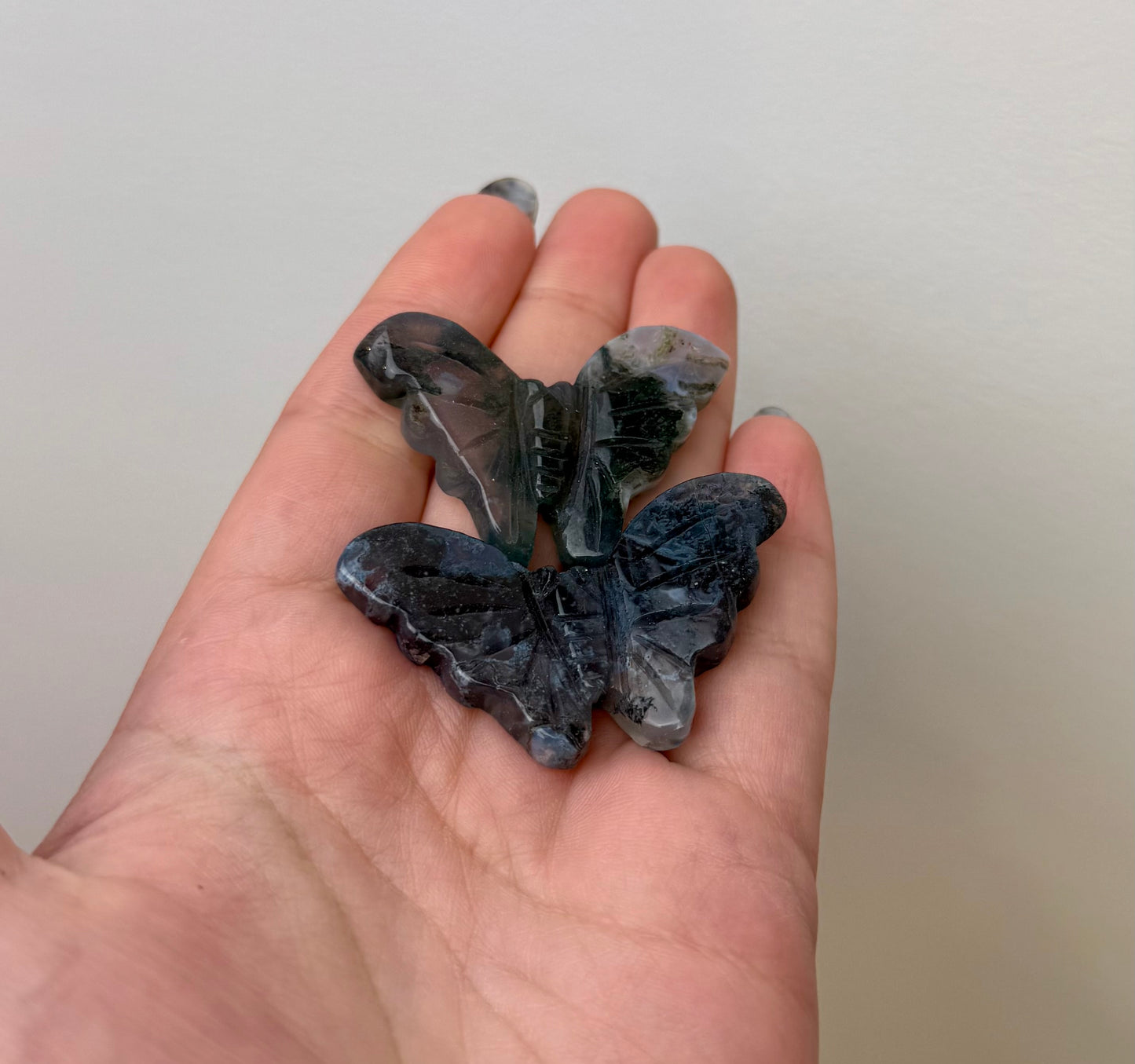 Moss agate butterfly carvings