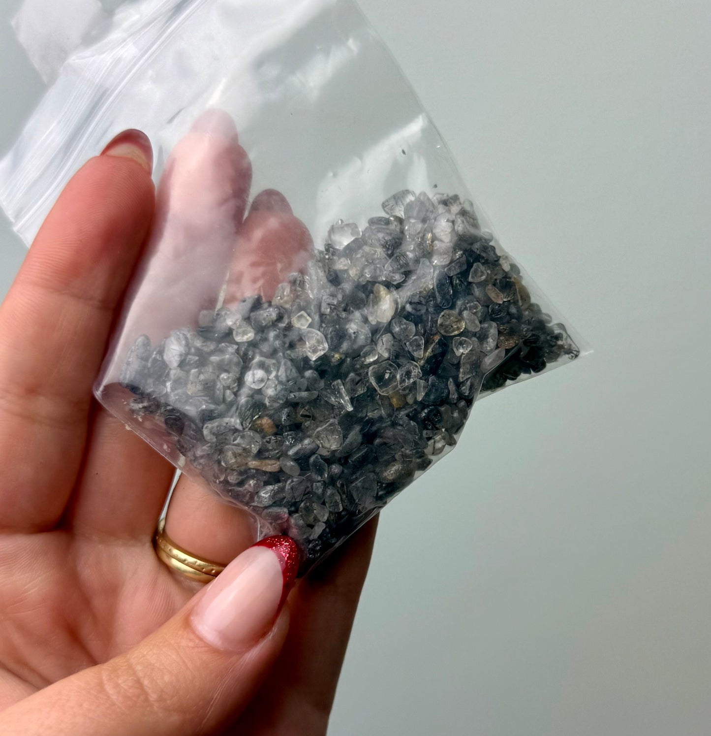 Black tourmaline in Quartz chip bag