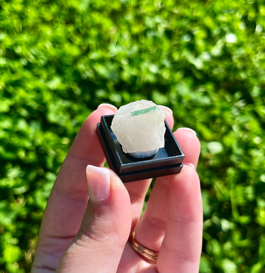 Green tourmaline on quartz thumbnail specimen