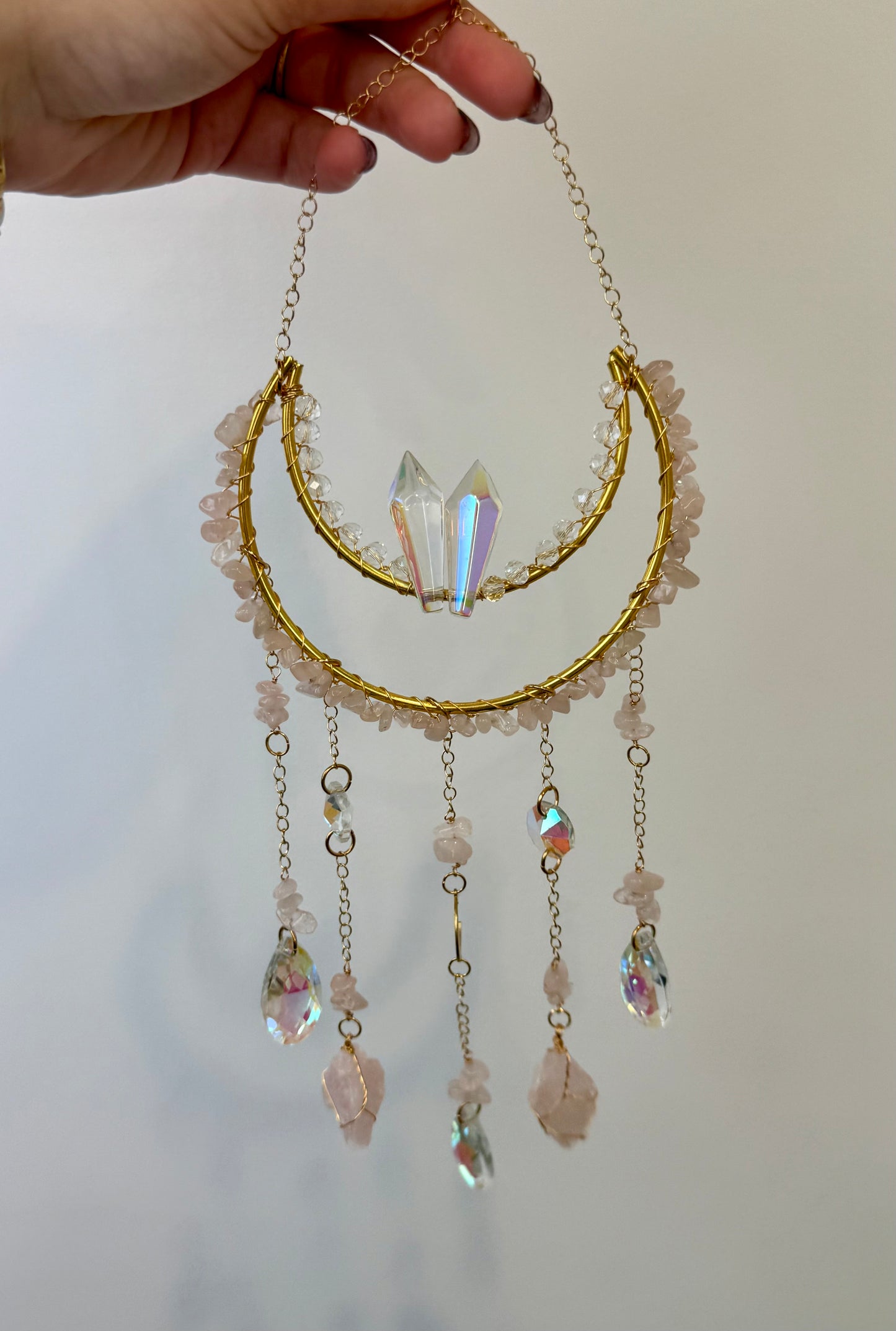 Rose quartz moon suncatcher
