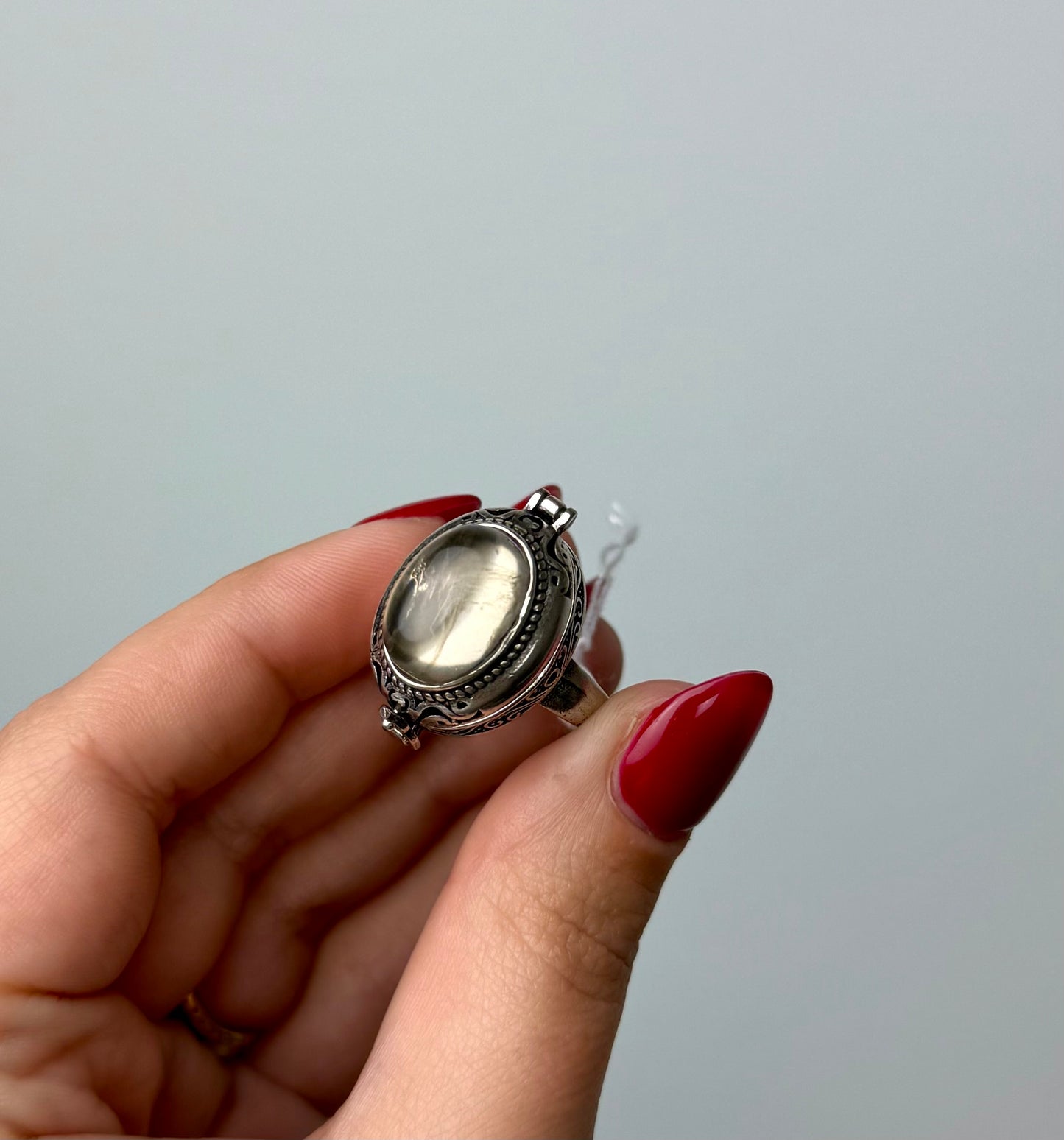 Clear quartz locket adjustable ring