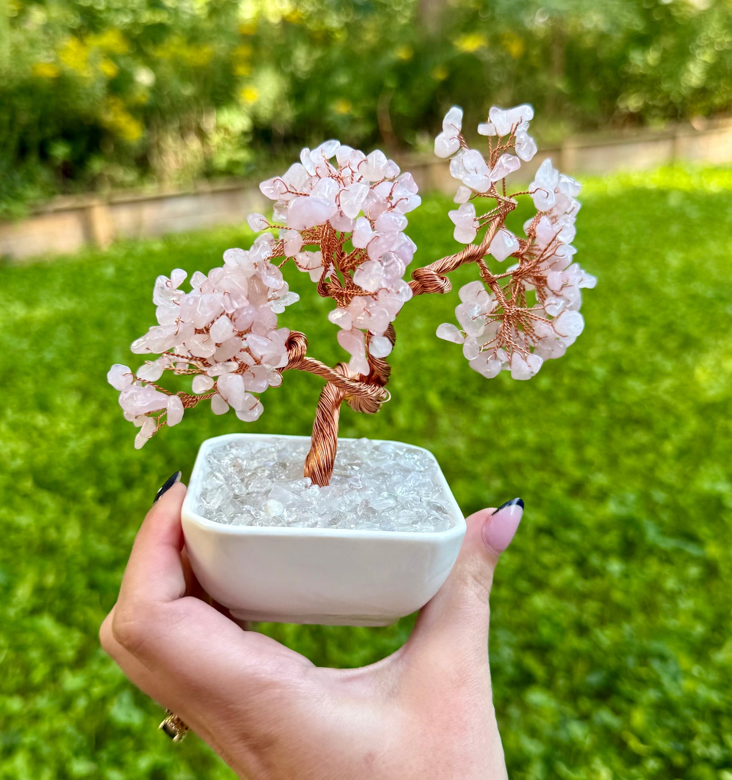 Rose quartz crystal tree