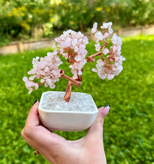 Rose quartz crystal tree
