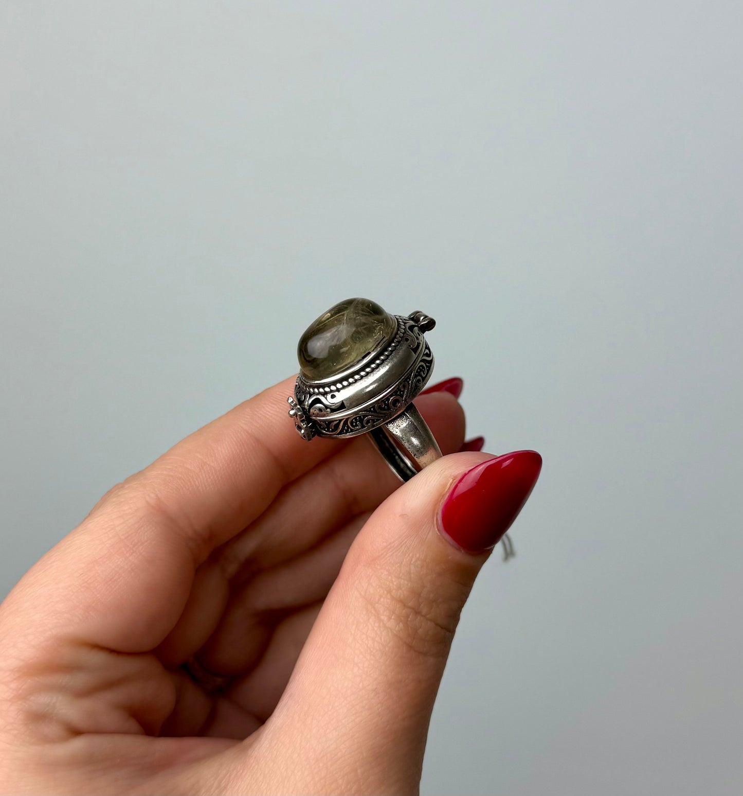 Clear quartz locket adjustable ring