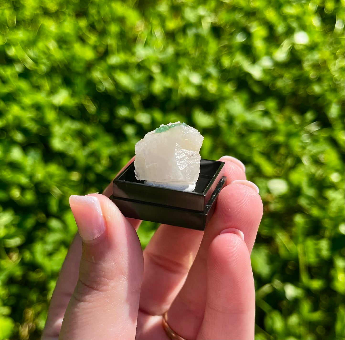 Green tourmaline on quartz thumbnail specimen