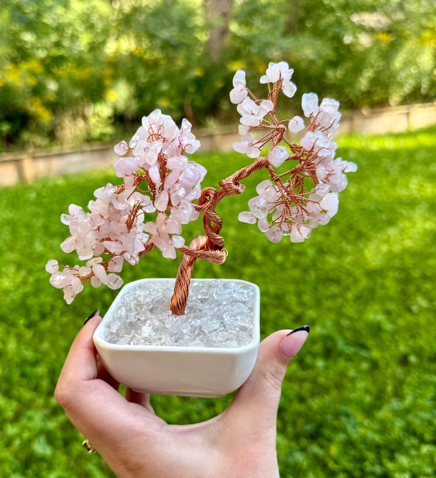 Rose quartz crystal tree