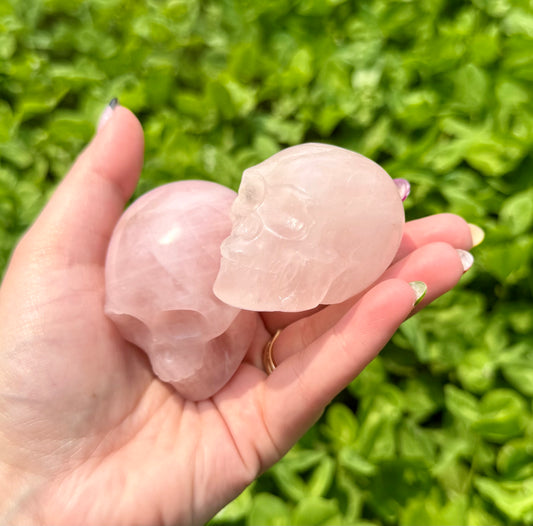 Rose quartz skull carvings