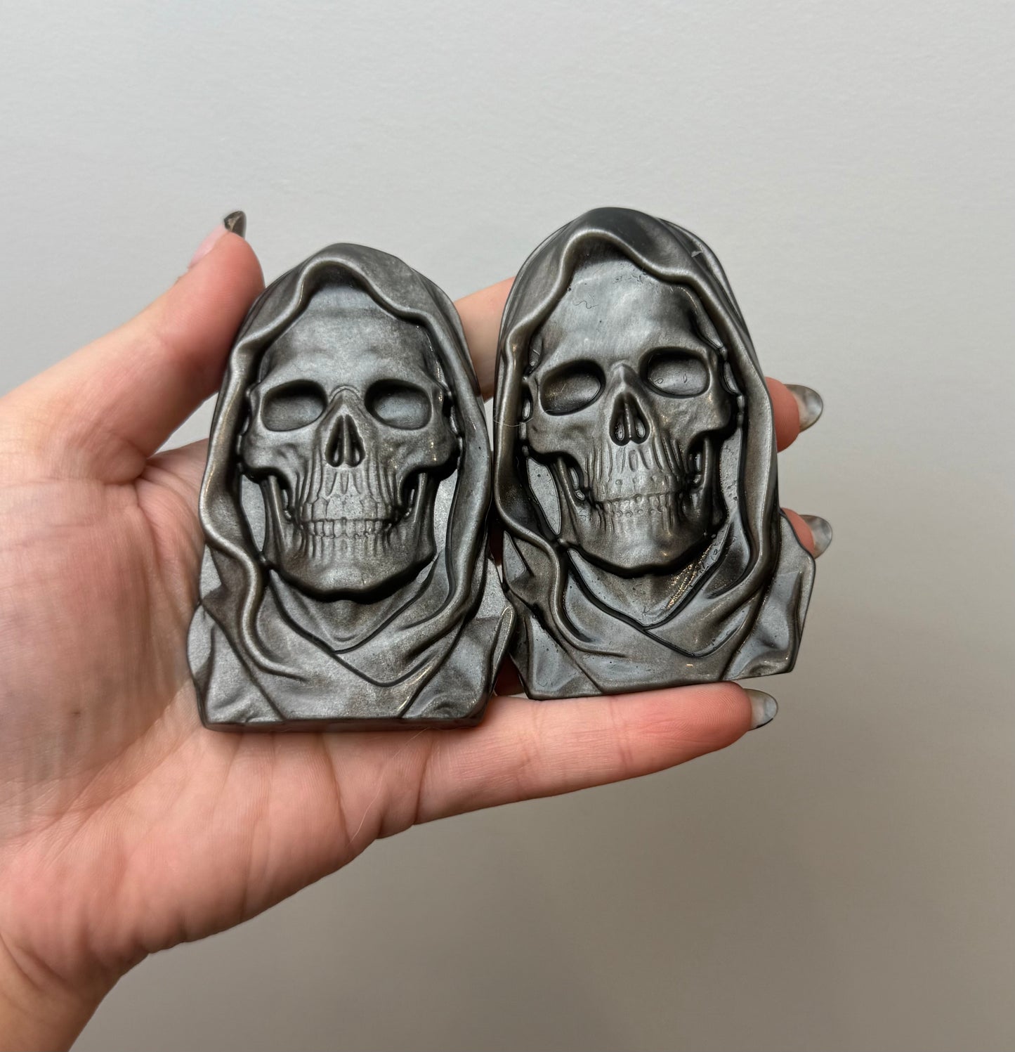 Silver sheen obsidian skelton grim reaper carvings