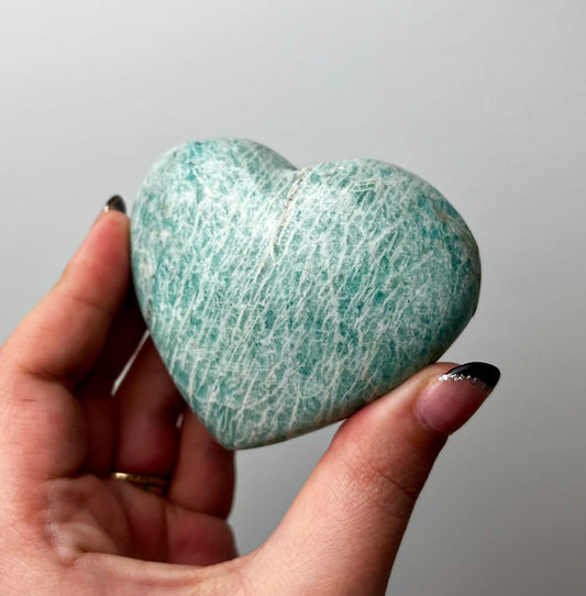 Amazonite with smoky Quartz heart carving