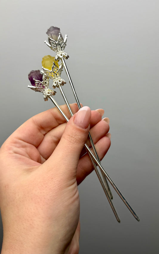 Fluorite rose hair pins
