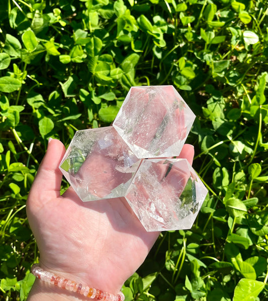 Clear quartz hexagon carvings