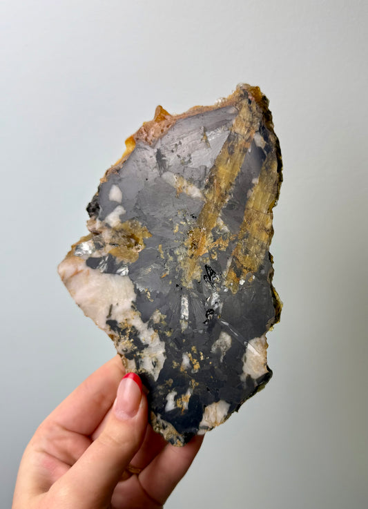 Black yellow tourmaline with mica slab