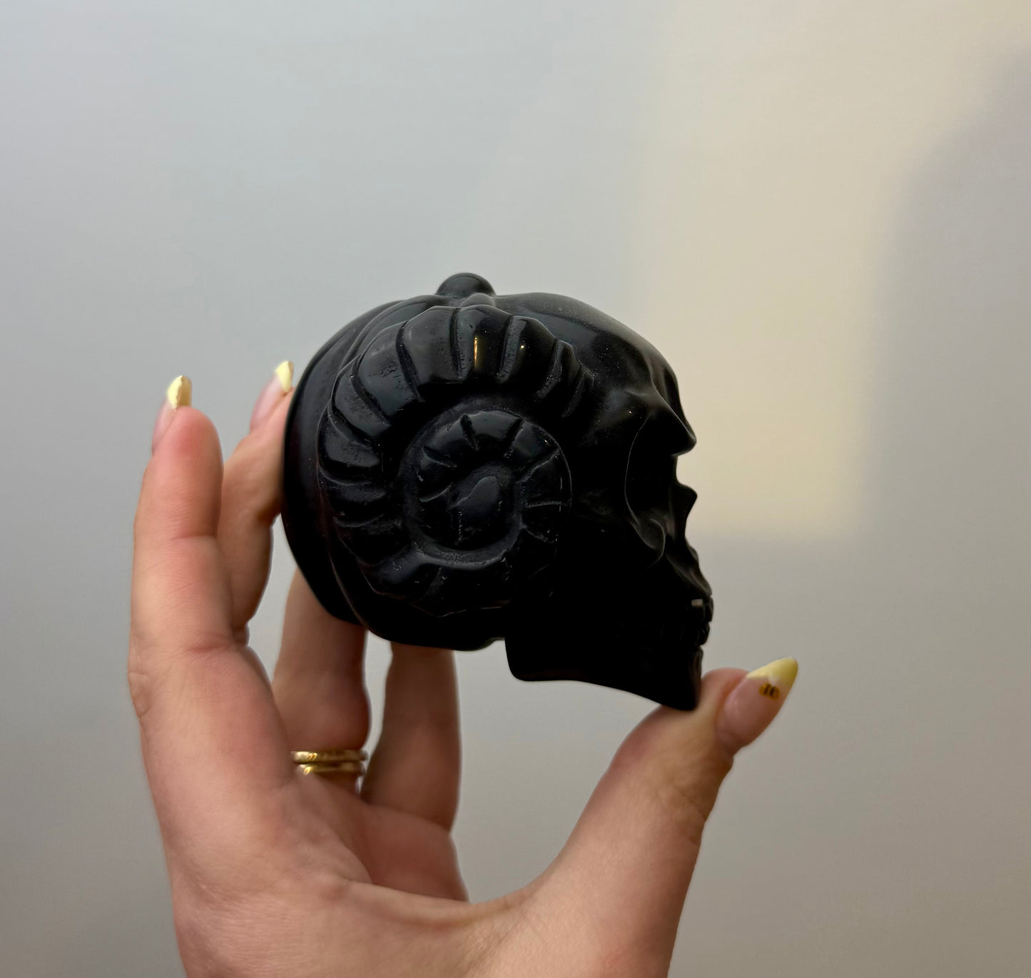 Obsidian ram horn pumpkin skull carving