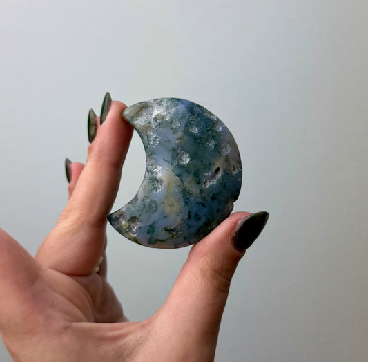 Moss agate moon carving