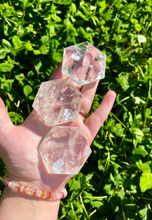 Clear quartz hexagon carvings