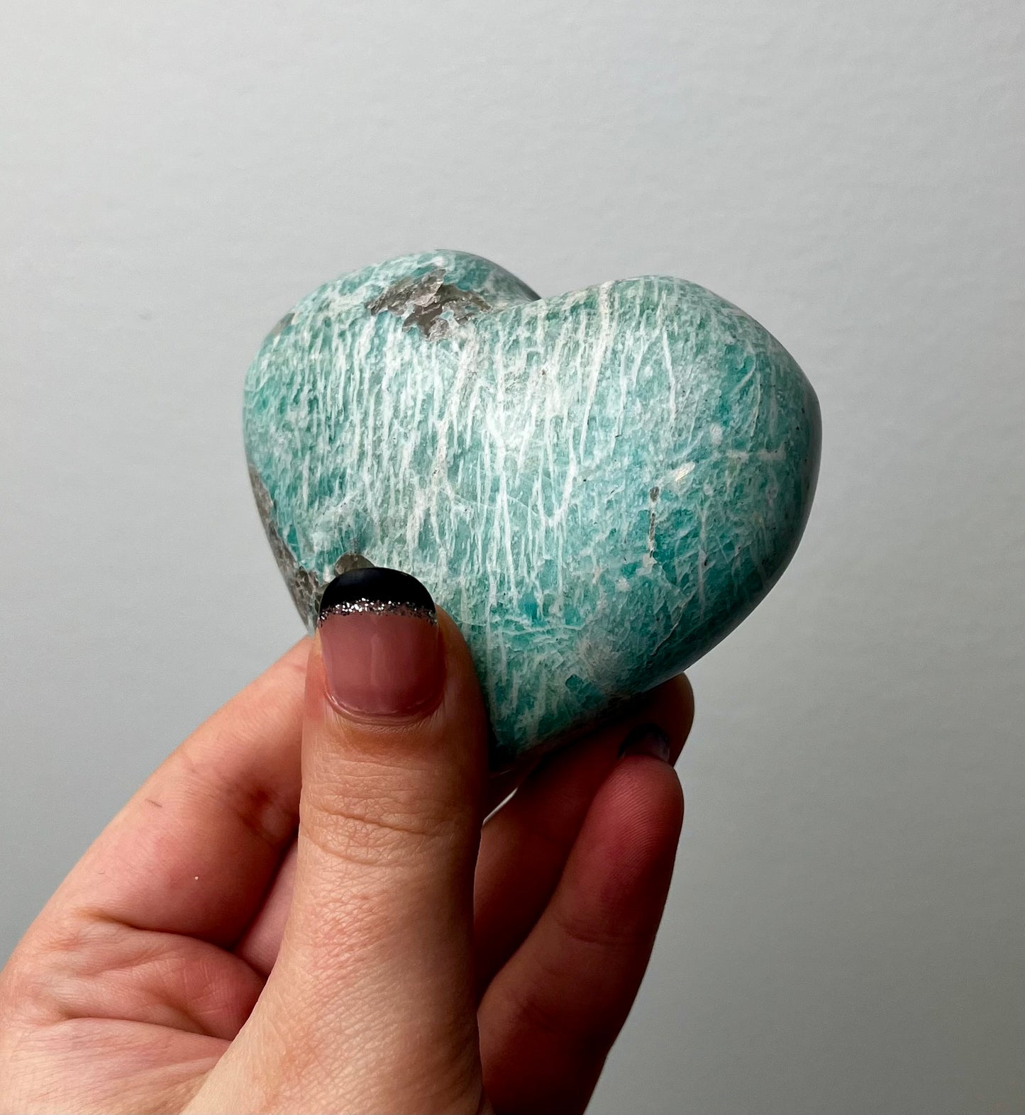 Amazonite with smoky Quartz heart carving