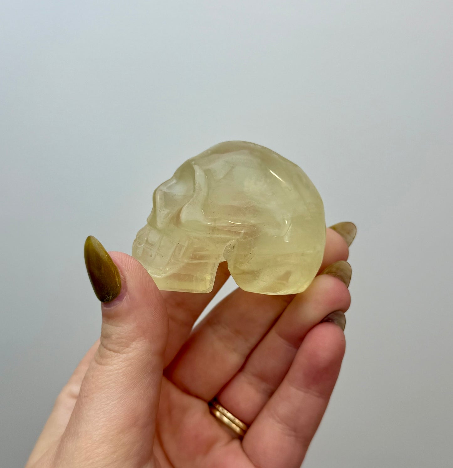 Heat treated citrine skull carving