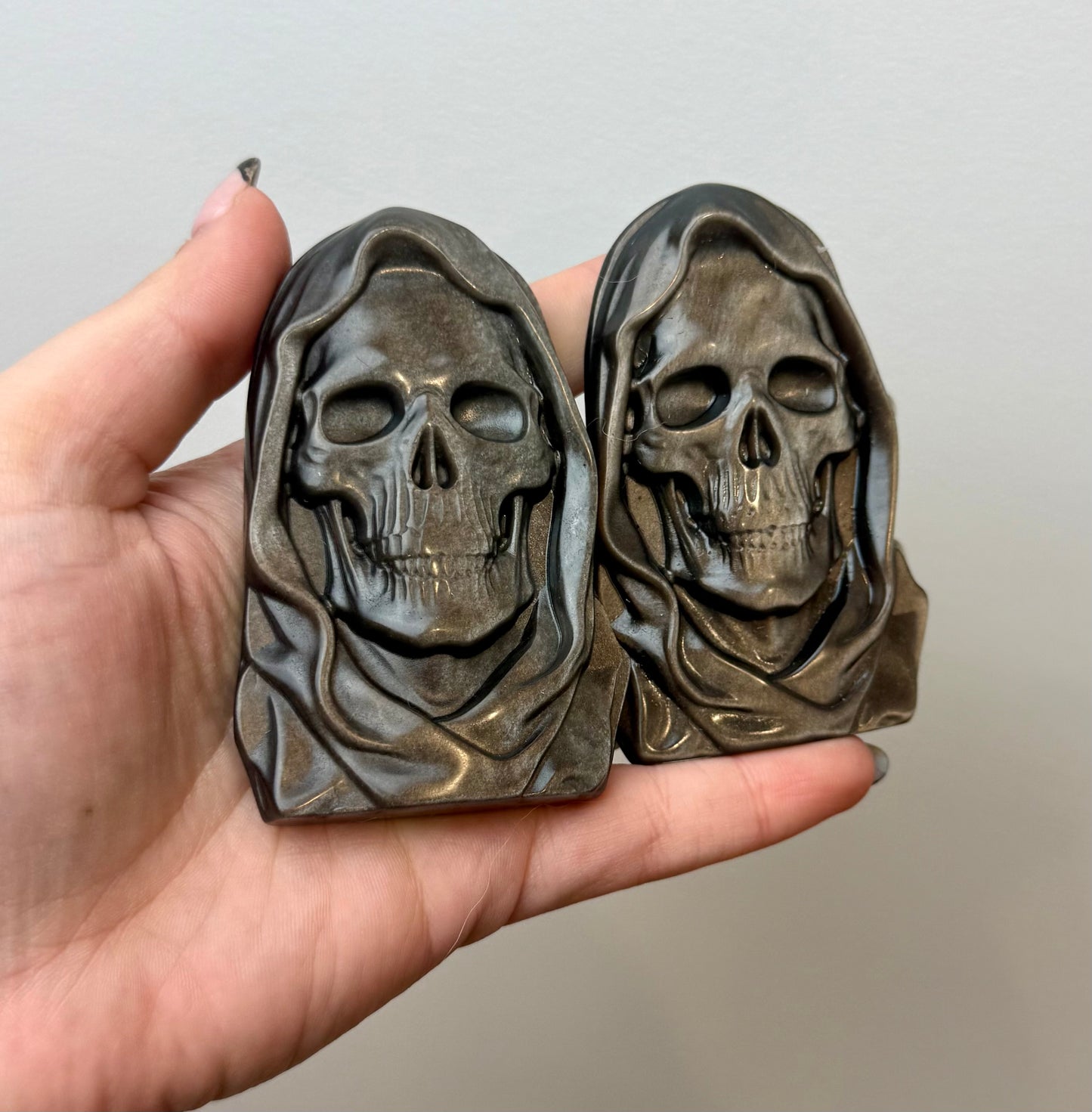 Silver sheen obsidian skelton grim reaper carvings