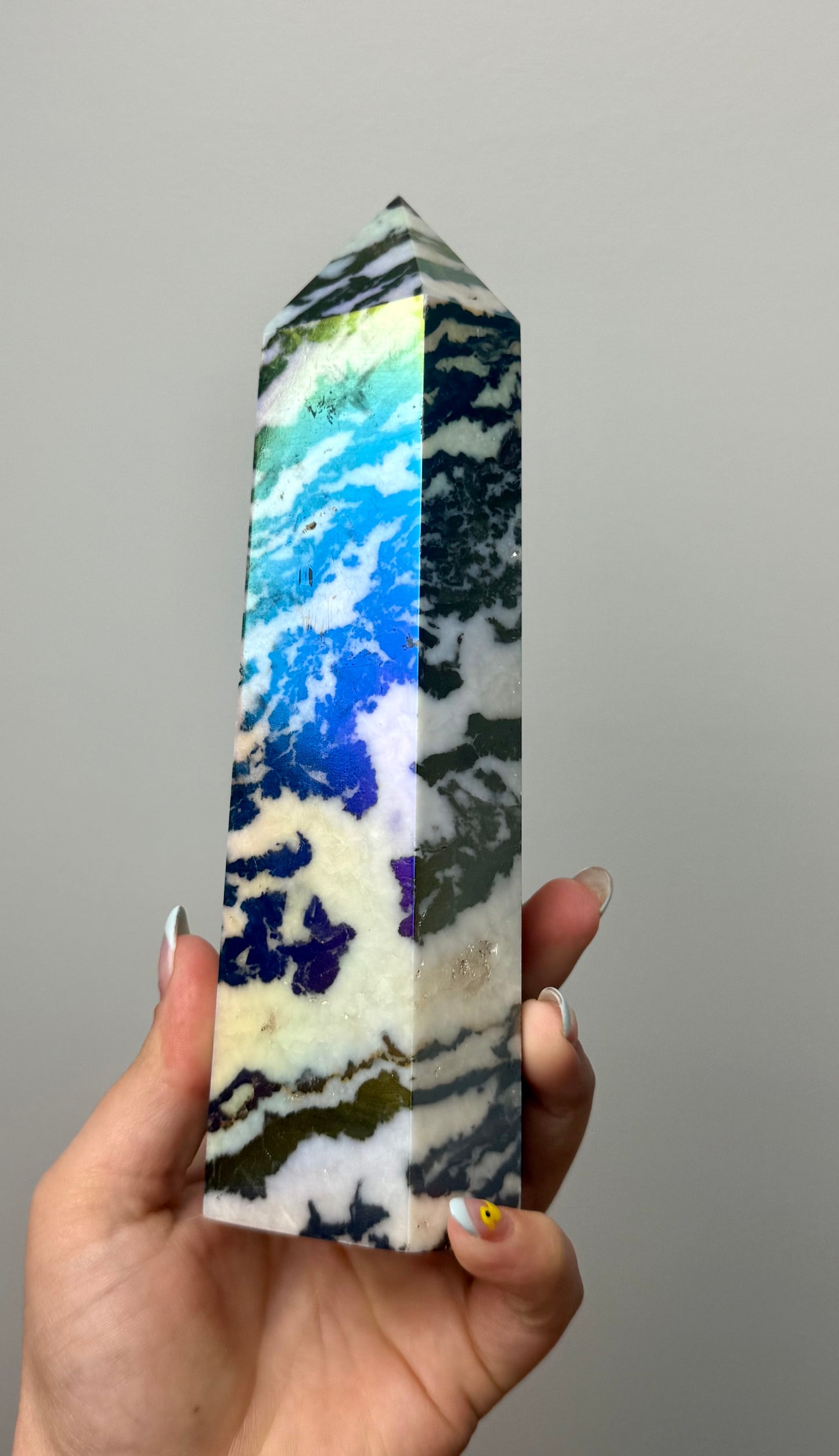 Aura coated altered zebra jasper tower