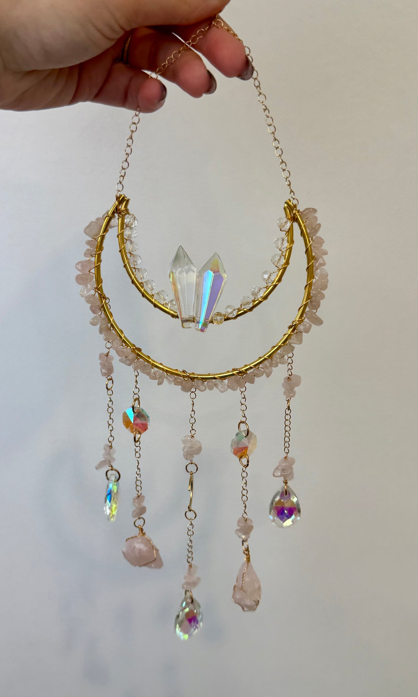 Rose quartz moon suncatcher