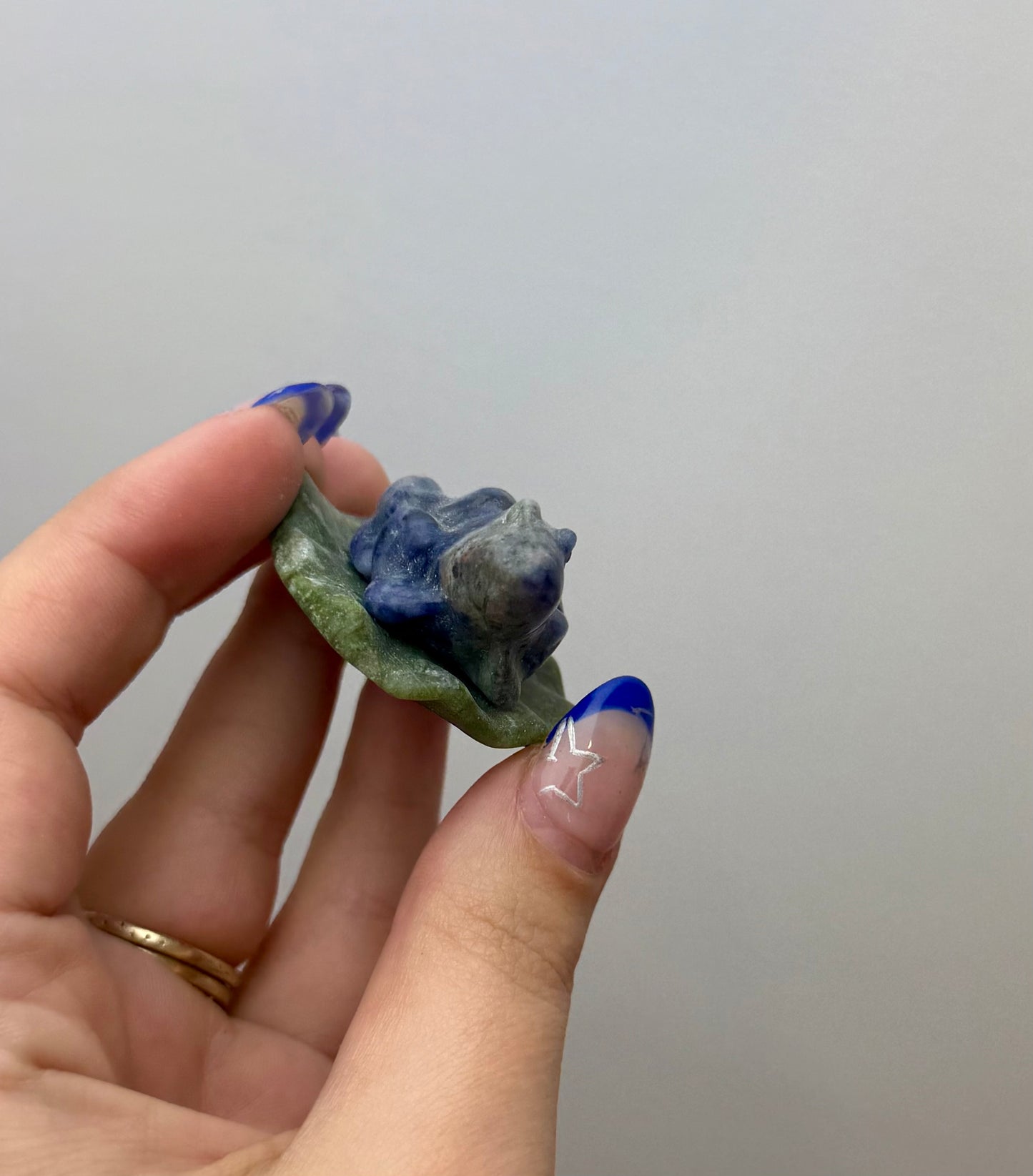 Sodalite frog on a lily pad carving