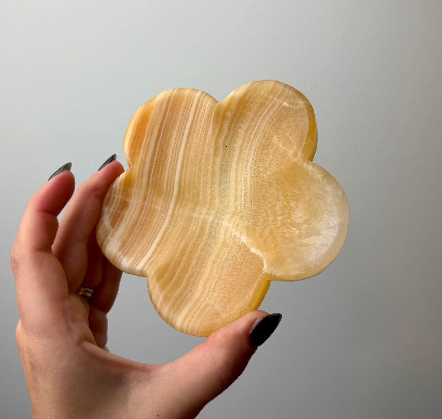 Orange calcite flower dish