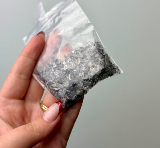 Black tourmaline in Quartz chip bag