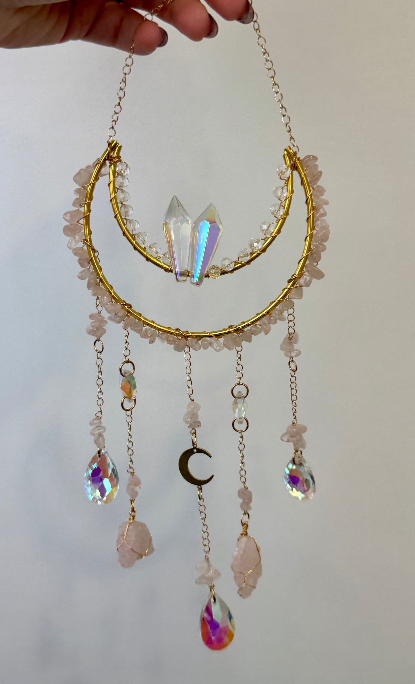 Rose quartz moon suncatcher