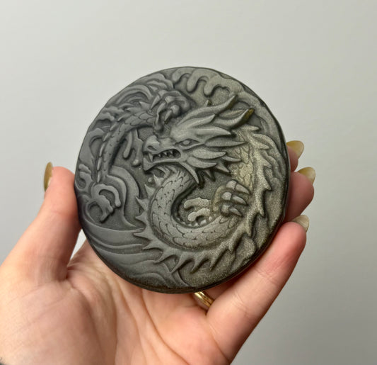 Gold sheen obsidian dragon carving