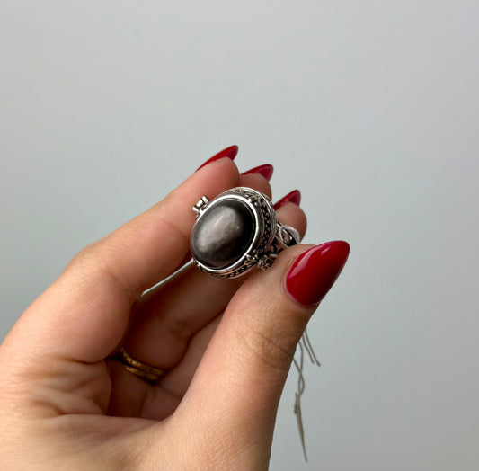 Silver Sheen Obsidian adjustable locket ring